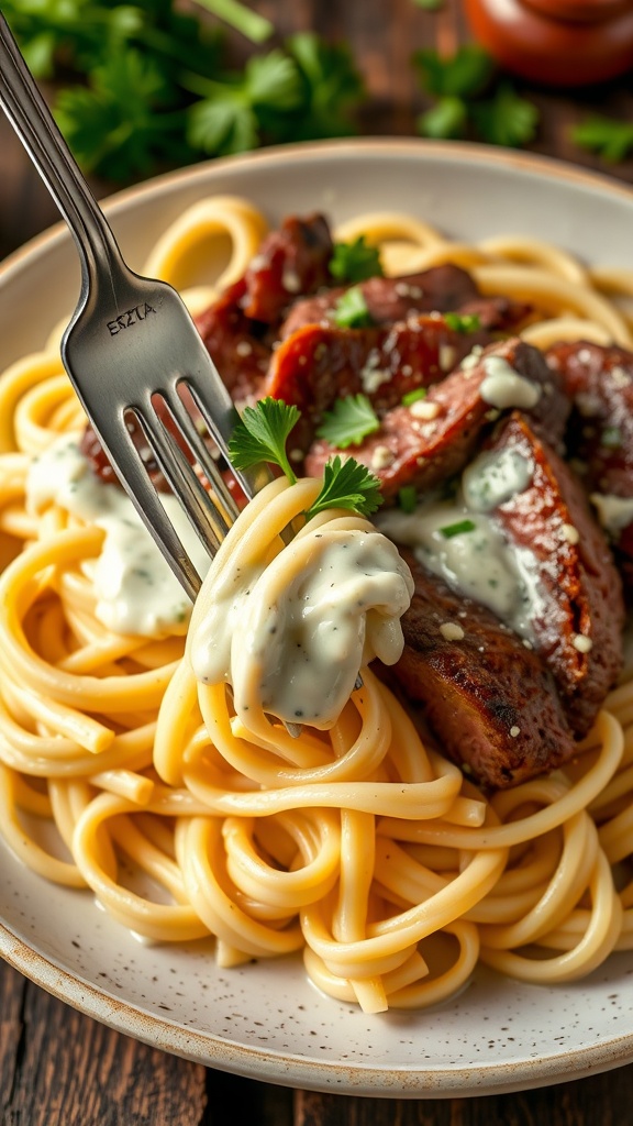 Fettuccine pasta with creamy Gorgonzola Alfredo sauce and steak, garnished with parsley, ready to be served.